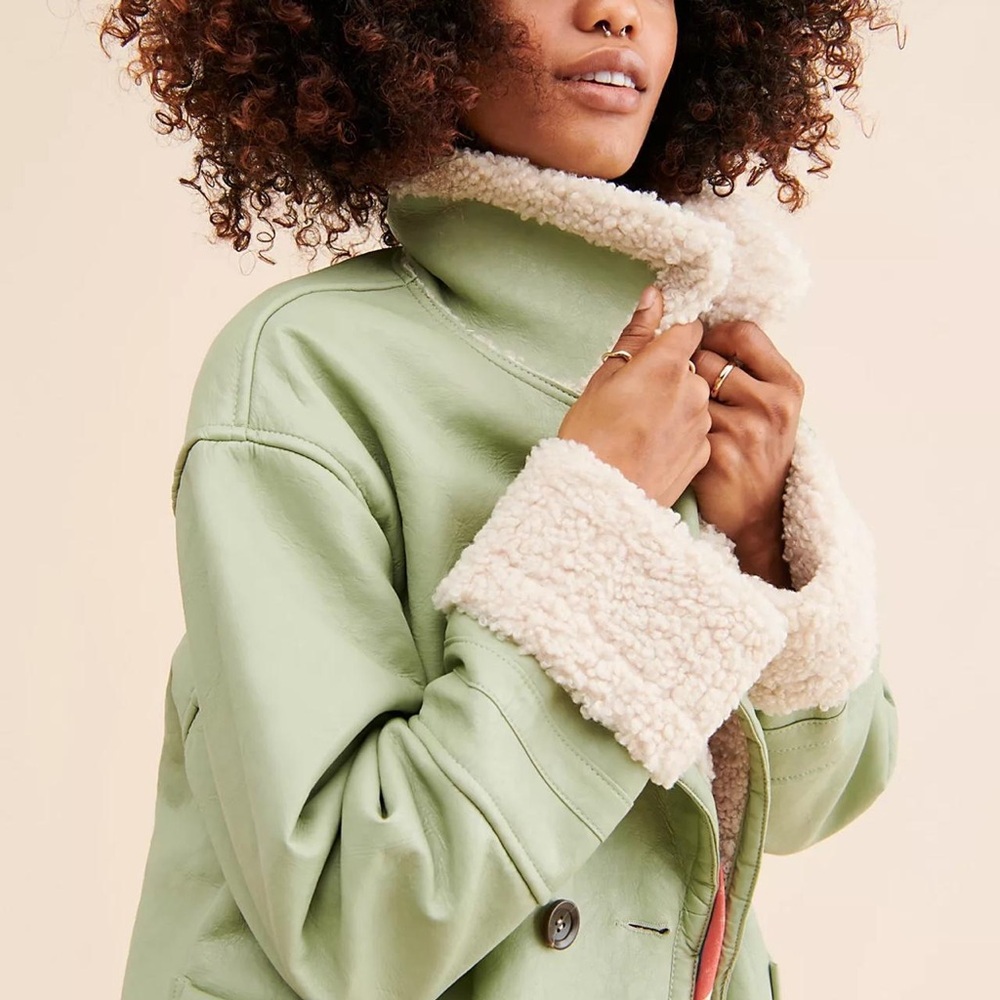 Free People Sage Green Vegan Leather Shearling Jacket Size Small